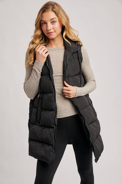 HOODED DOWN LONGLINE PUFFER VEST