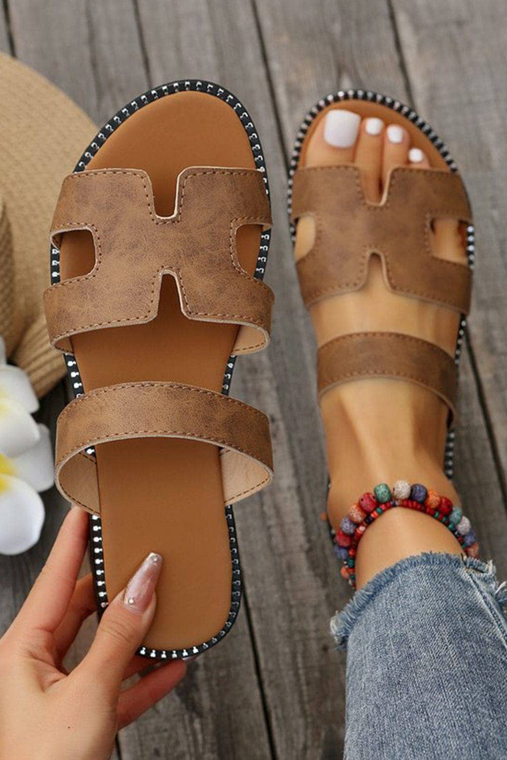 Leather Flat Slide Sandals