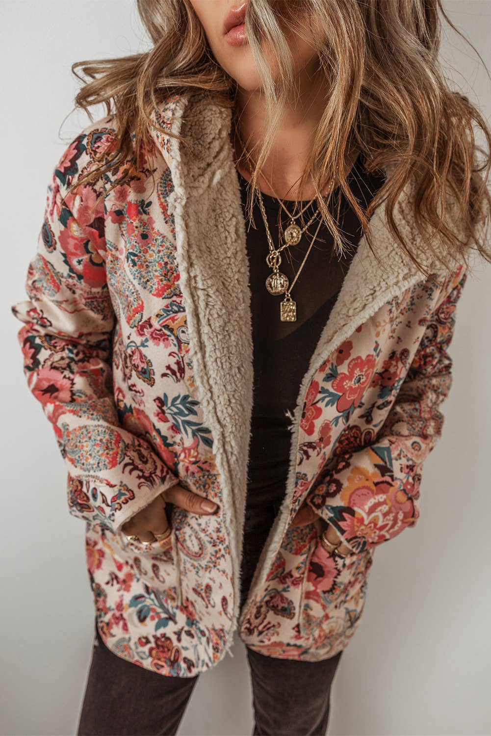 Paisley Floral Print Sherpa Lined Hooded Jacket