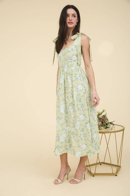 FLORAL CORSET DETAIL TIE STRAP MIDI DRESS