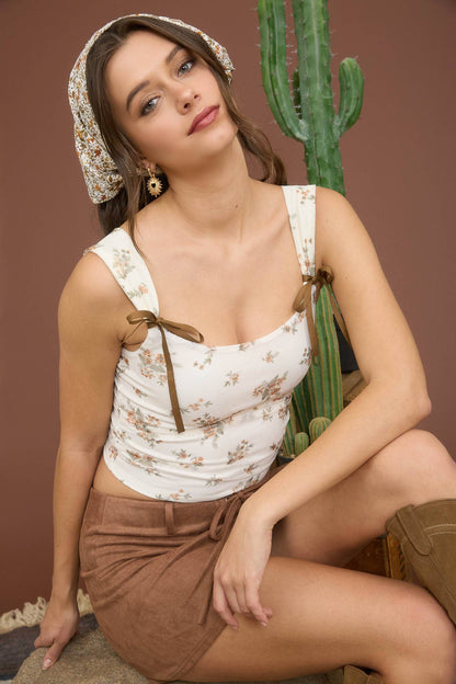 FLORAL RIBBON BOW DETAIL SLEEVELESS CROP TOP
