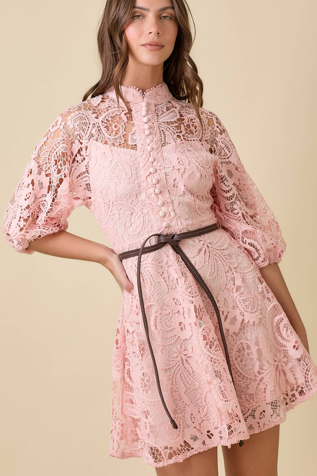 Blush Button Down Mini Lace Dress