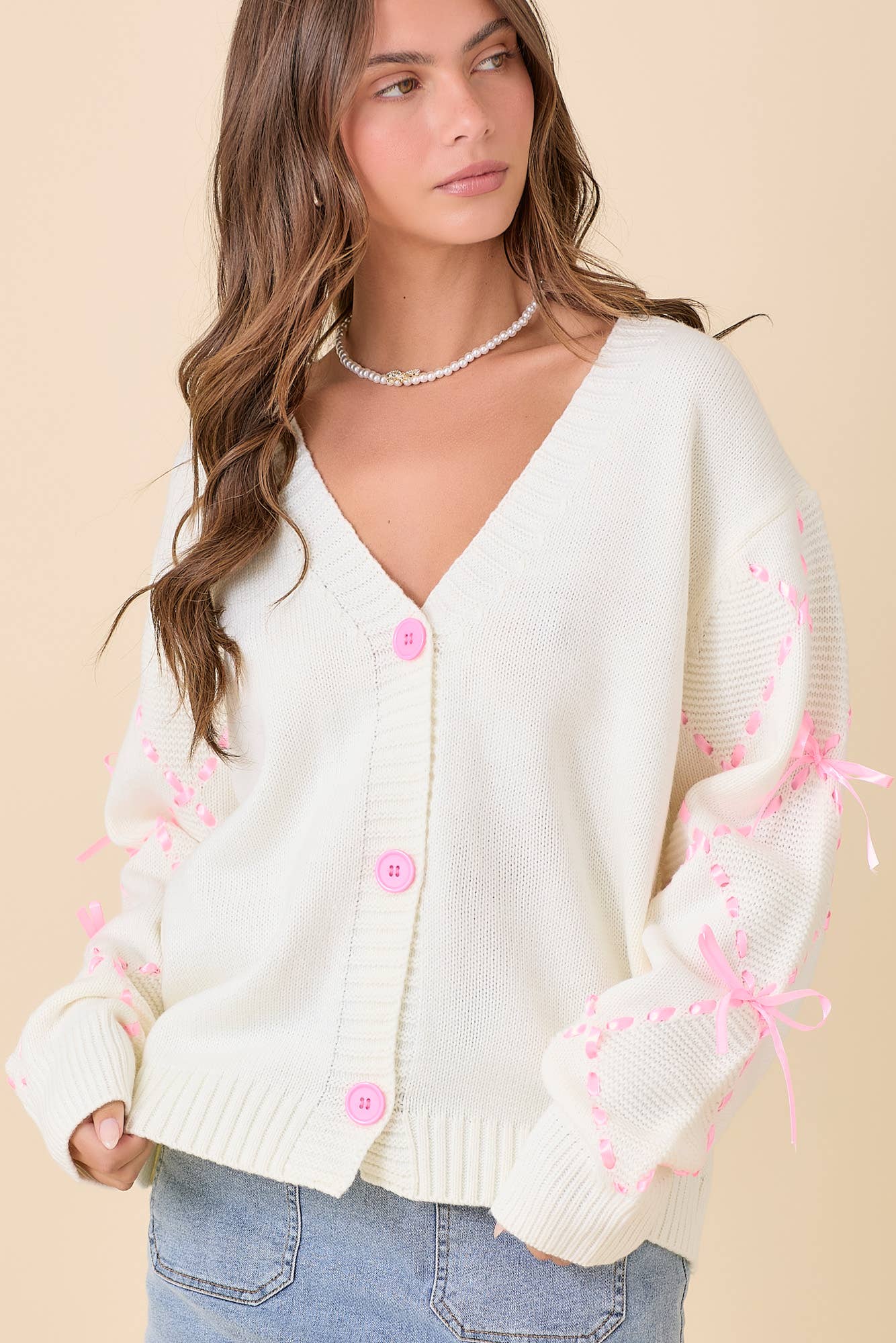 Hand Sewn Satin Ribbon Detail Cardigan