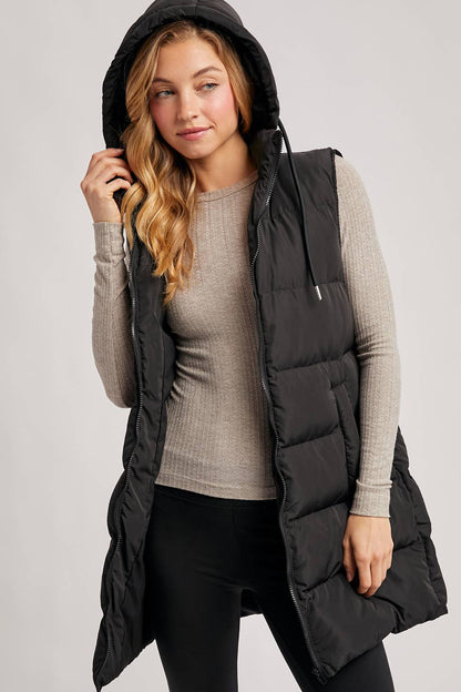 HOODED DOWN LONGLINE PUFFER VEST