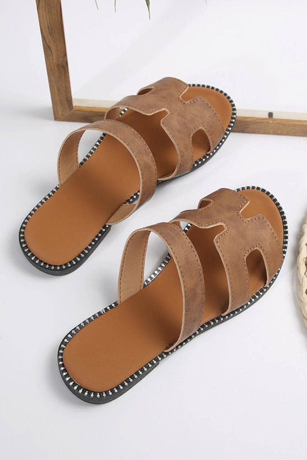 Leather Flat Slide Sandals