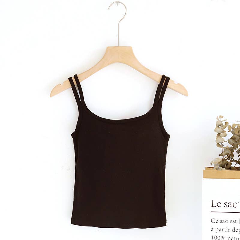 Basic Double strap Crop Tank with built-in bra: Black