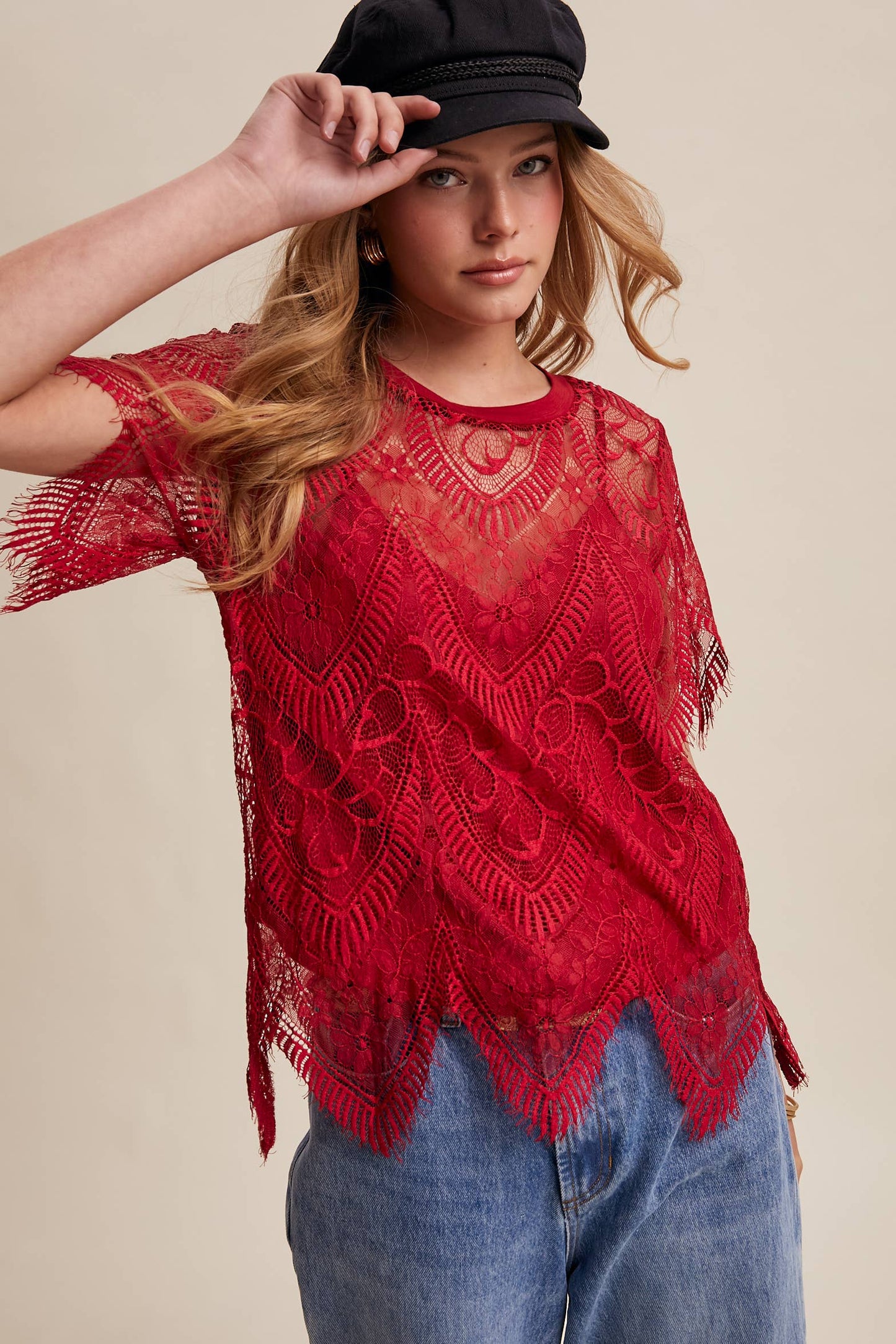 Scalloped Lace Short Sleeve Top