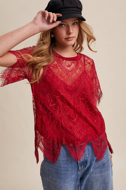 Scalloped Lace Short Sleeve Top