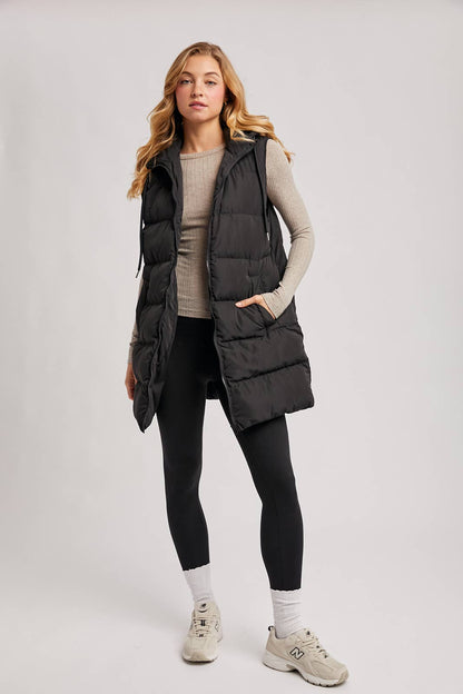 HOODED DOWN LONGLINE PUFFER VEST