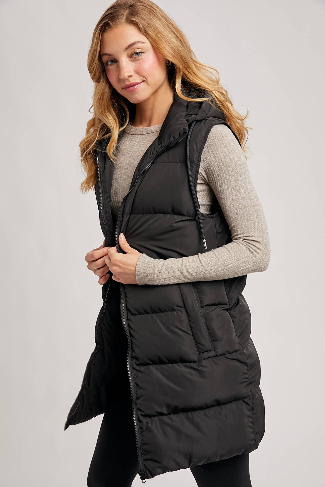 HOODED DOWN LONGLINE PUFFER VEST