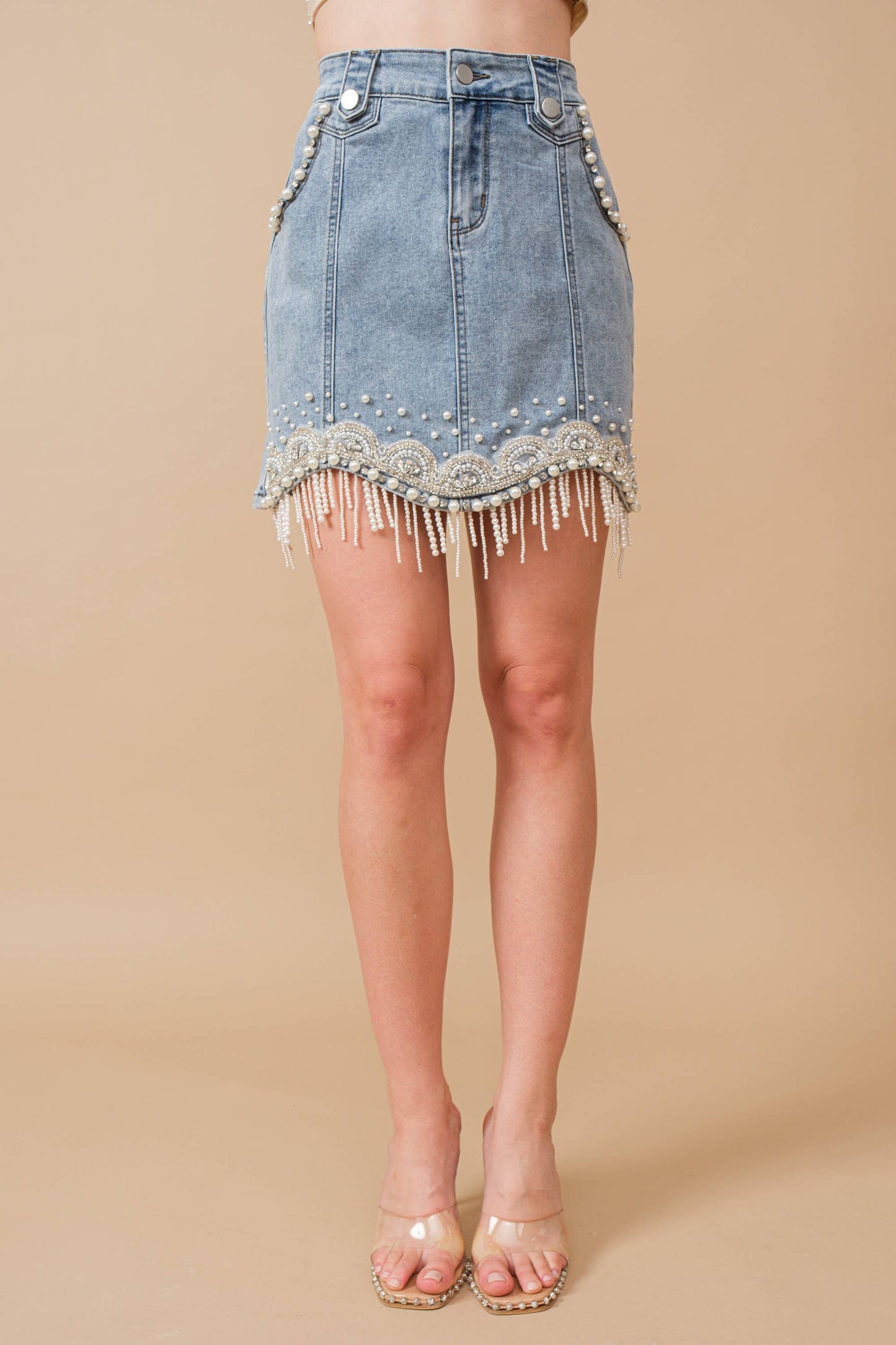 Denim Embellished Pearl Fringe Mini Skirt