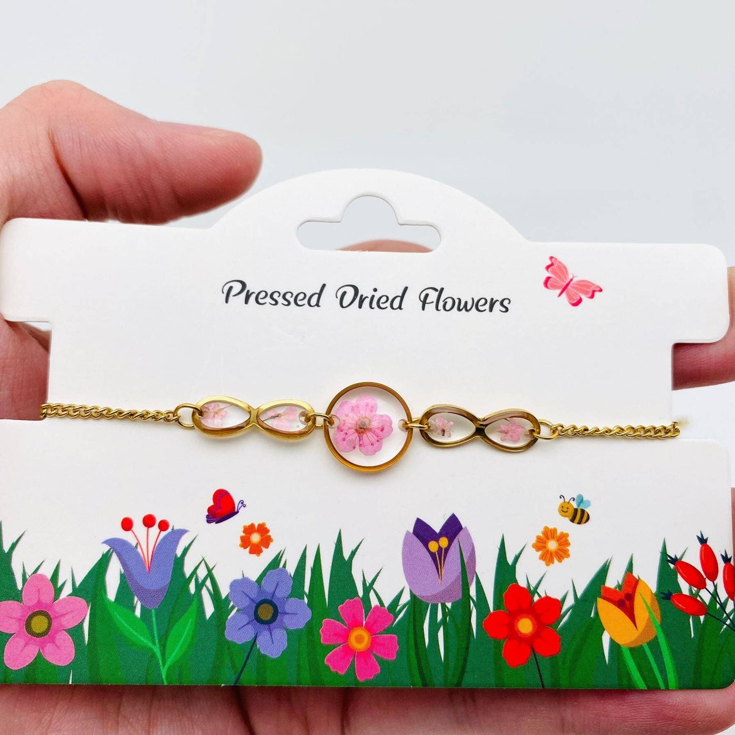 Dried Flowers Floral Geometric Charm Golden Bracelet