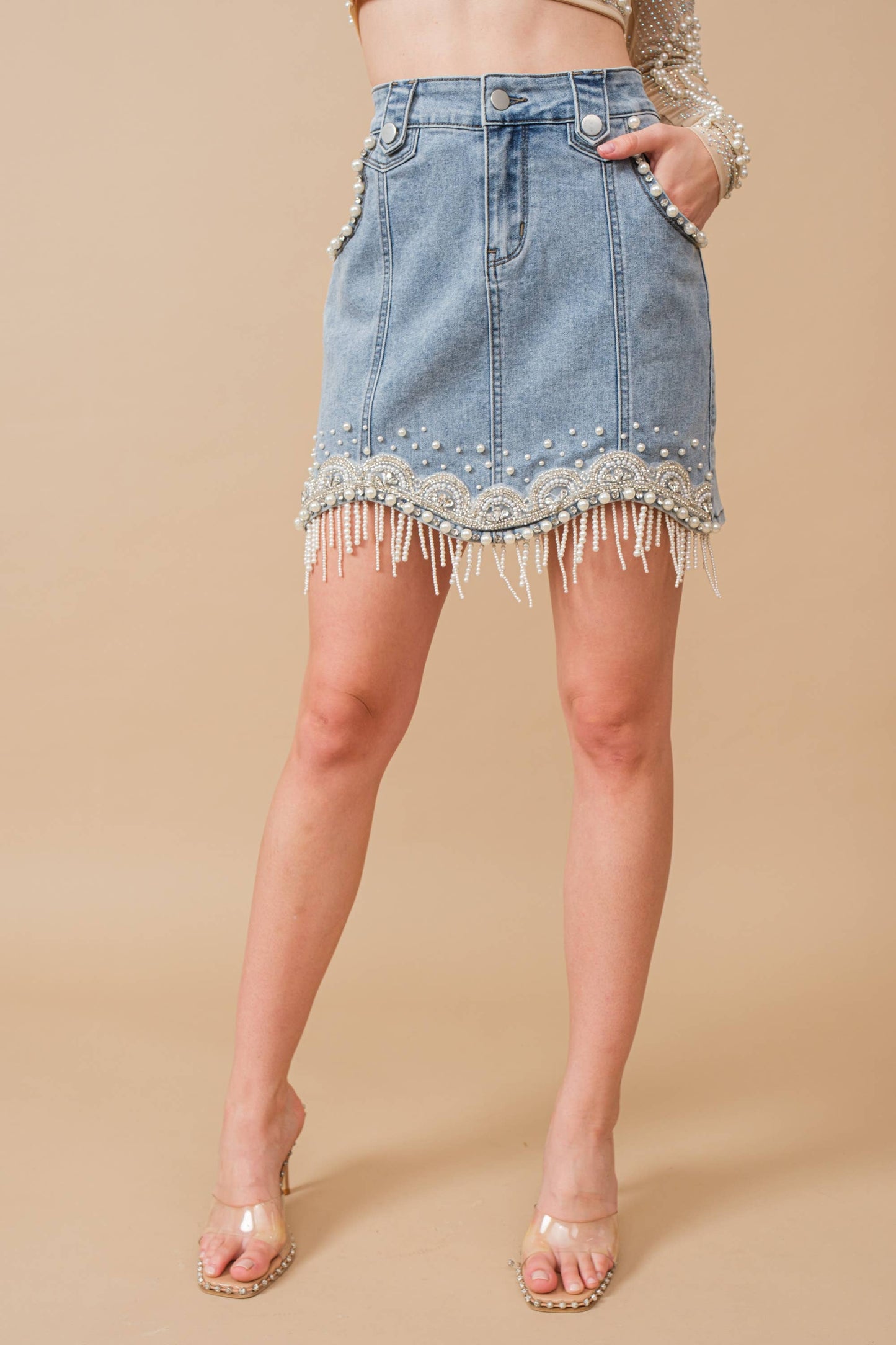 Denim Embellished Pearl Fringe Mini Skirt