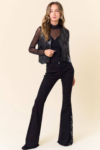 BLACK SPARKLE FRINGE FAUX LEATHER VEST