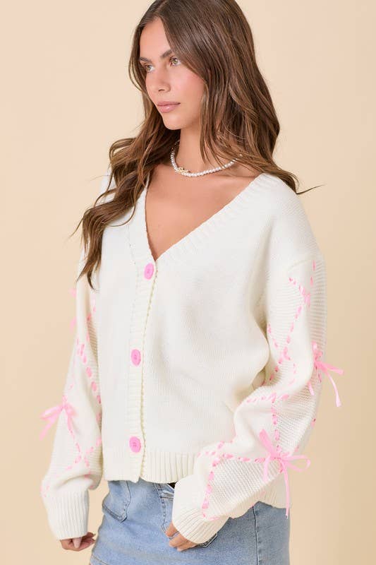 Hand Sewn Satin Ribbon Detail Cardigan