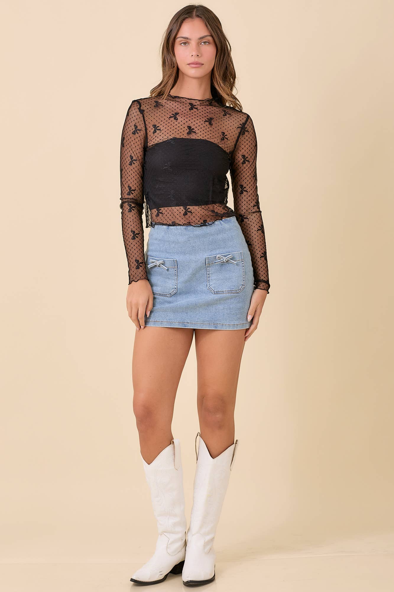 Bow Mesh Long Sleeve Top