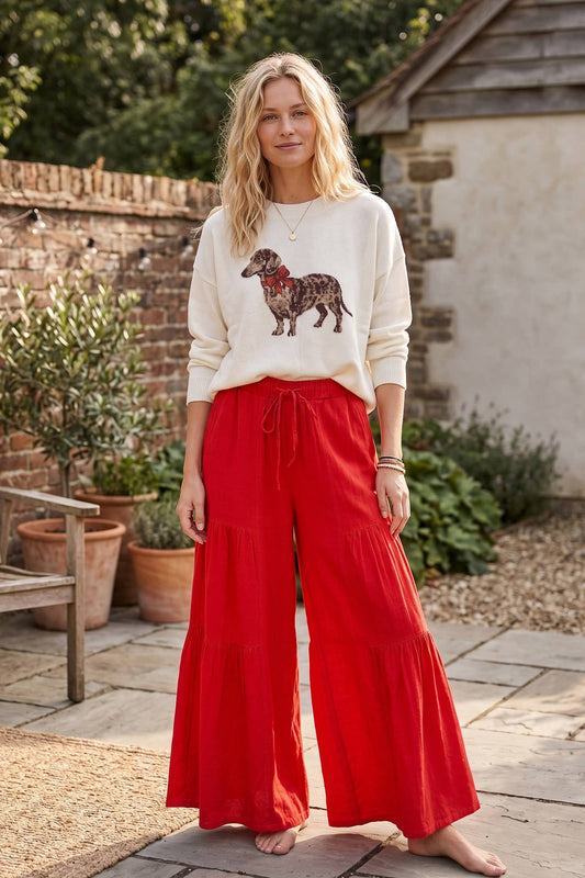 Linen Blend Tiered Wide Leg Palazzo Pants: RED / S