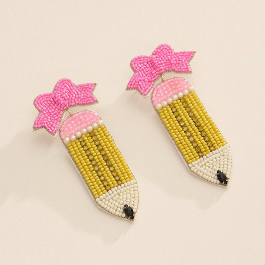 Handmade Beaded Pencil Earrings with Pink Bow