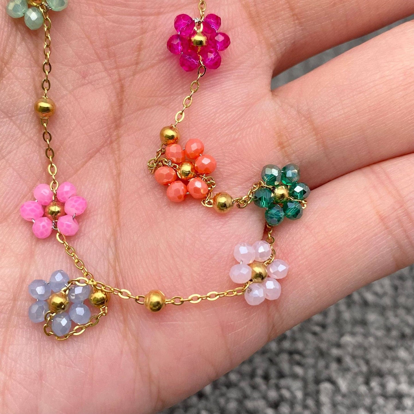 7 Color Glass Beaded Flowers 18K Gold Plated SS Necklace