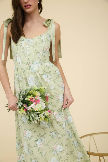 FLORAL CORSET DETAIL TIE STRAP MIDI DRESS
