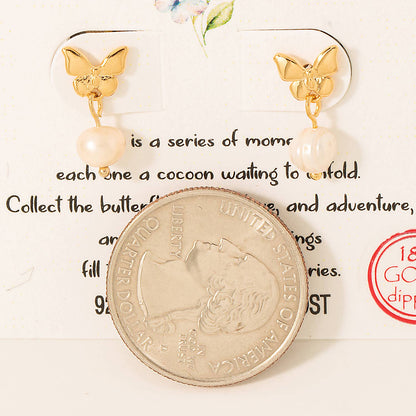 Gold Dipped Pearl Charm Butterfly Stud Earrings