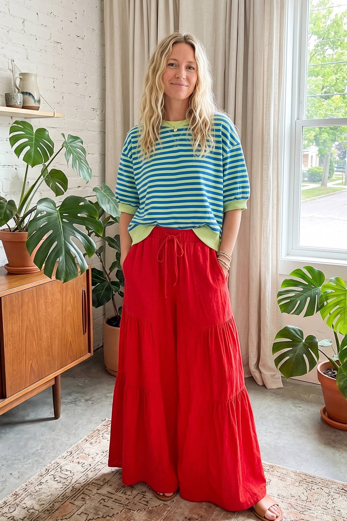 Linen Blend Tiered Wide Leg Palazzo Pants: RED / S