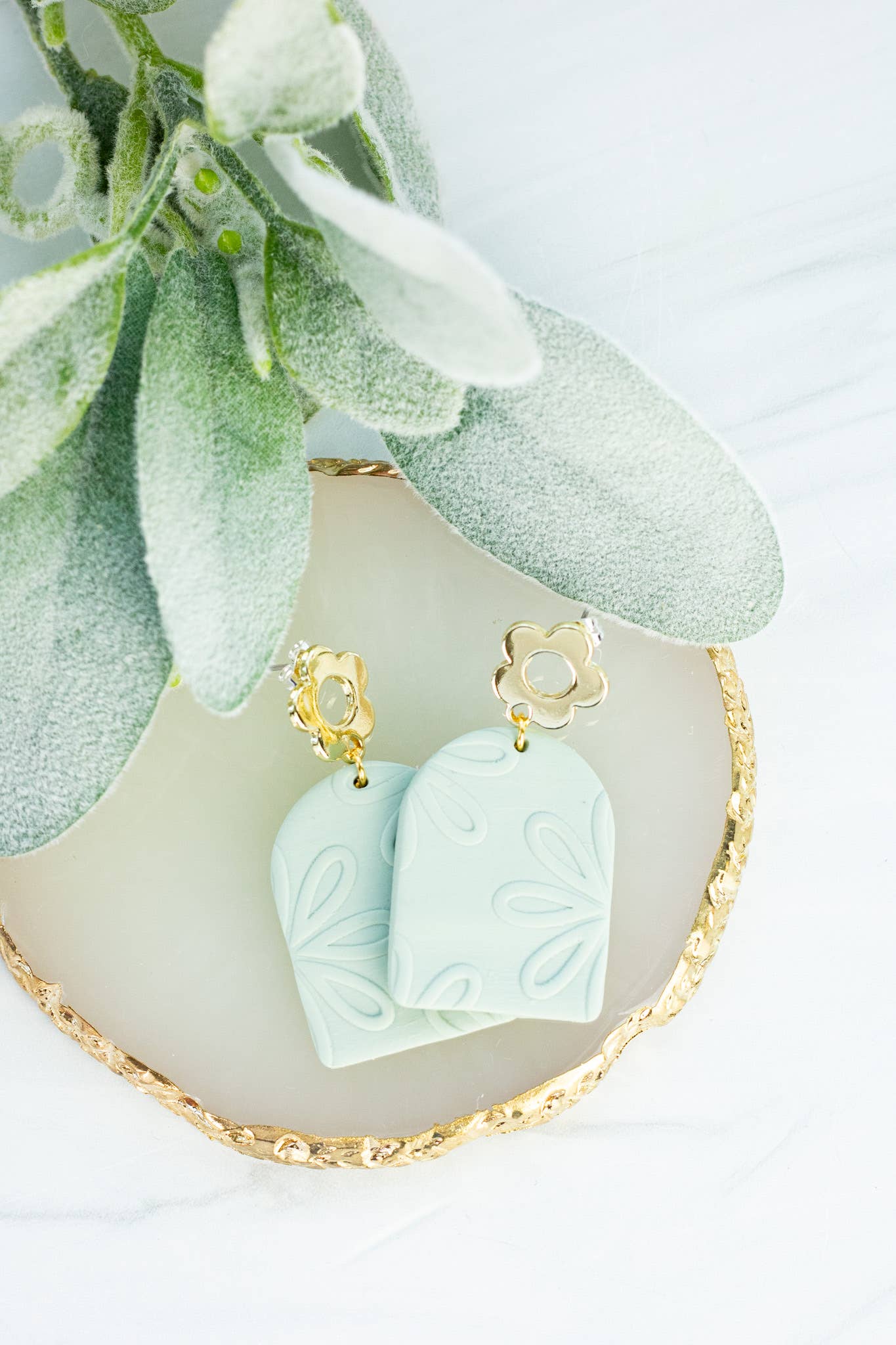 18k Sage Flower Embossed Dangles - Spring Earrings