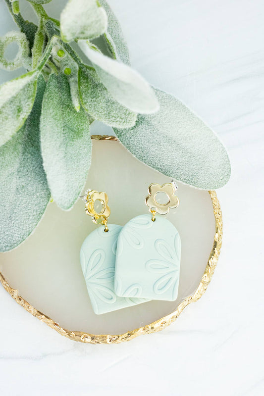 18k Sage Flower Embossed Dangles - Spring Earrings