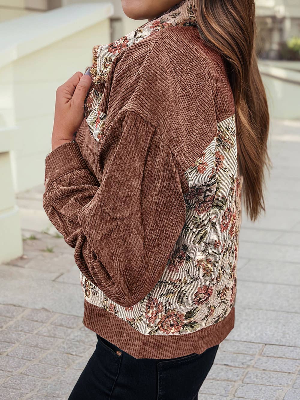 Ribbed Retro Floral Patchwork Jacke