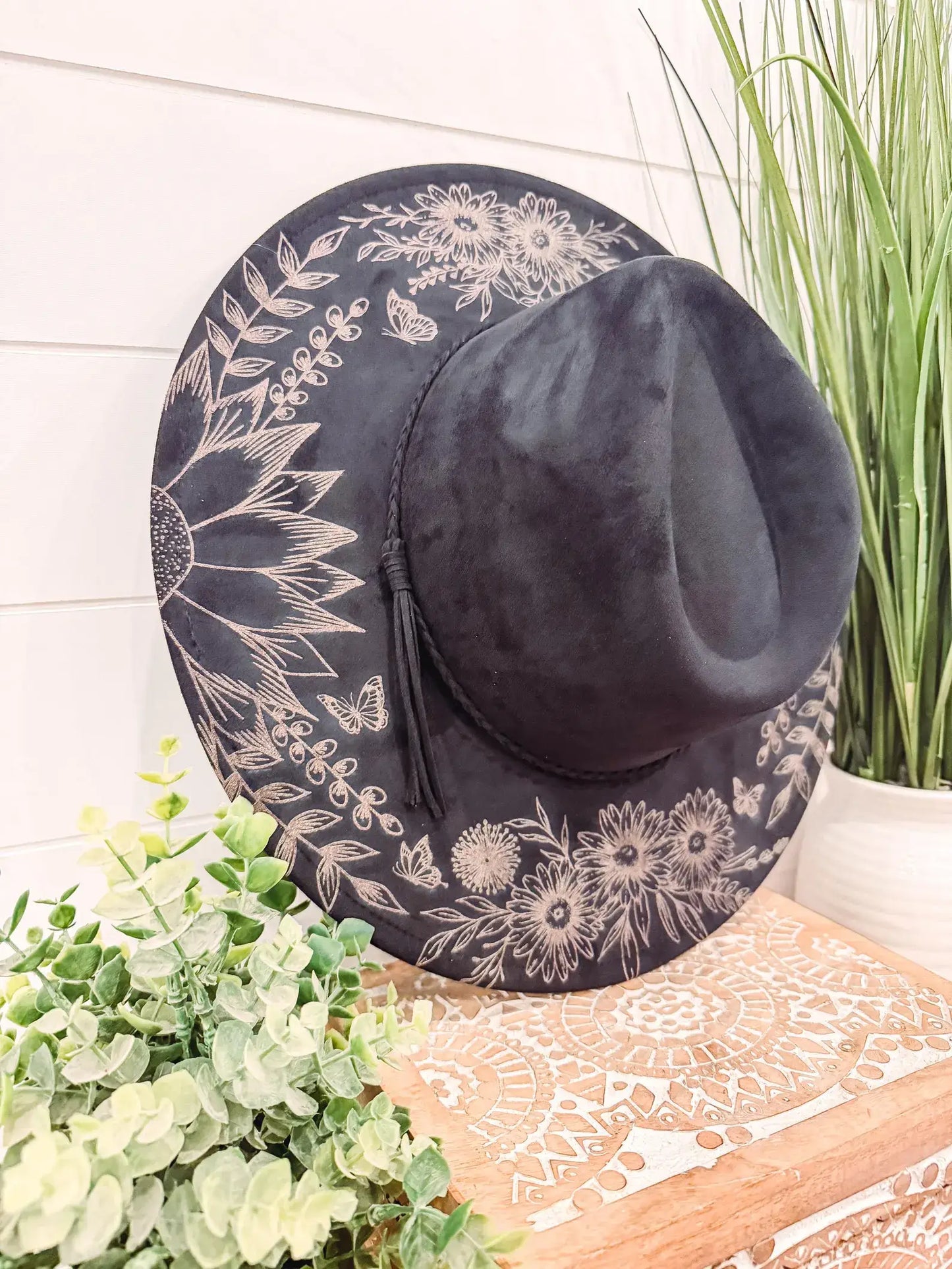 Black Burnt Floral Hat