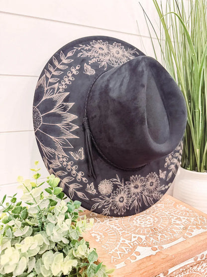 Black Burnt Floral Hat