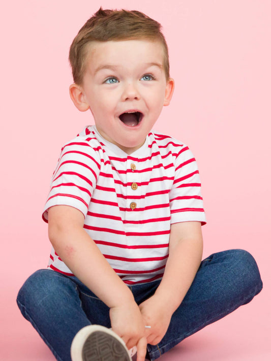 Boys Red & White Stripe Short Sleeve Henley