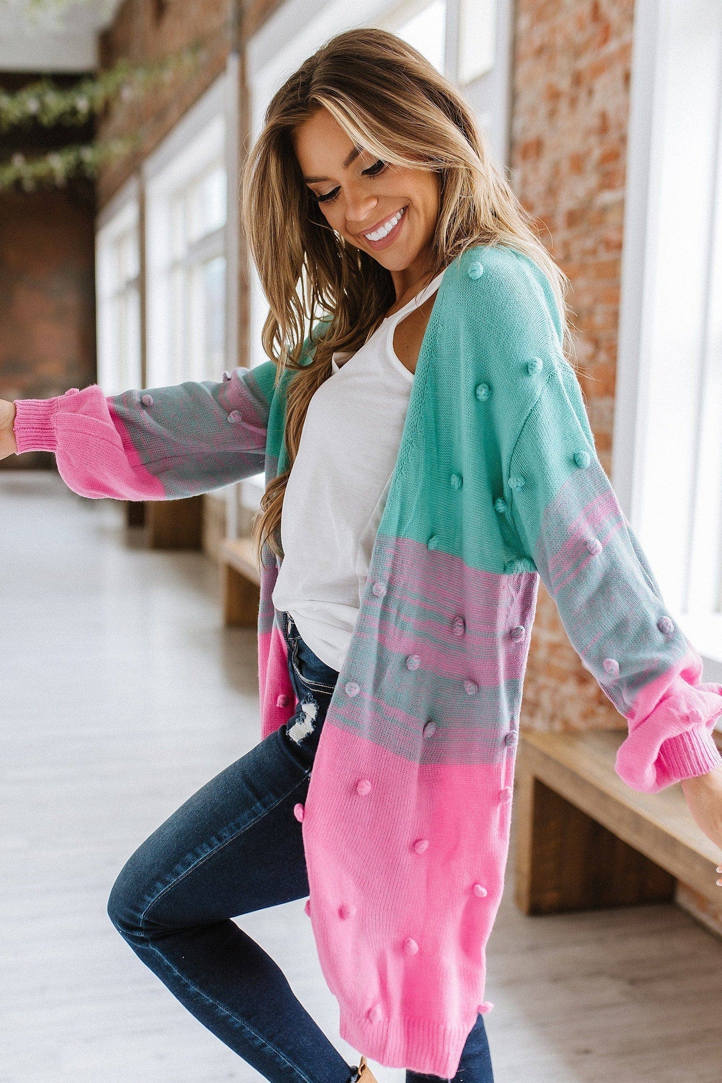 Pompom Color Block Cardigan