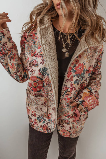 Paisley Floral Print Sherpa Lined Hooded Jacket