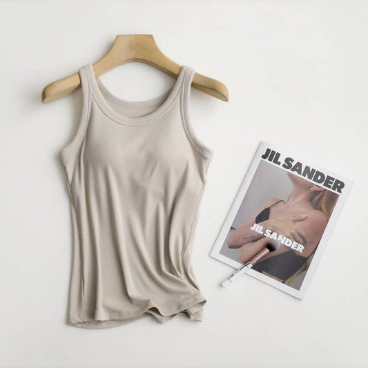 Essential Basic Rib Soft tank top w built in bra: Tan / L