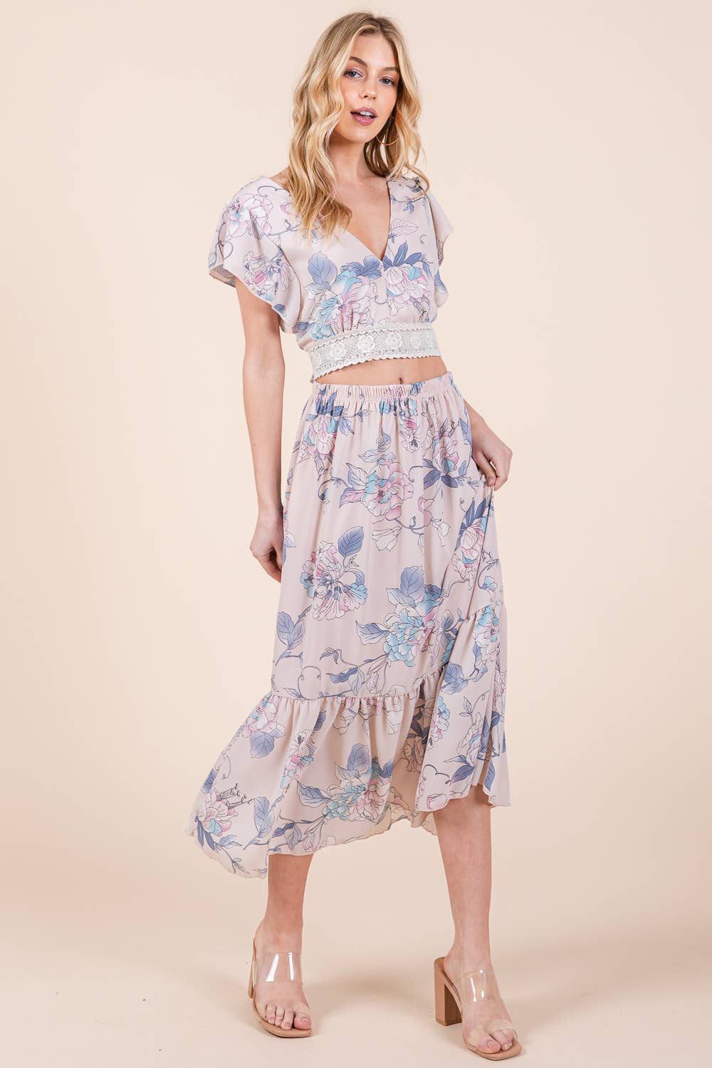 Floral Tie Back Blouse and Skirt Set