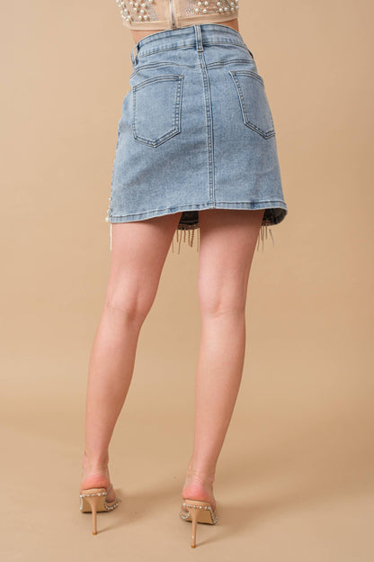 Denim Embellished Pearl Fringe Mini Skirt