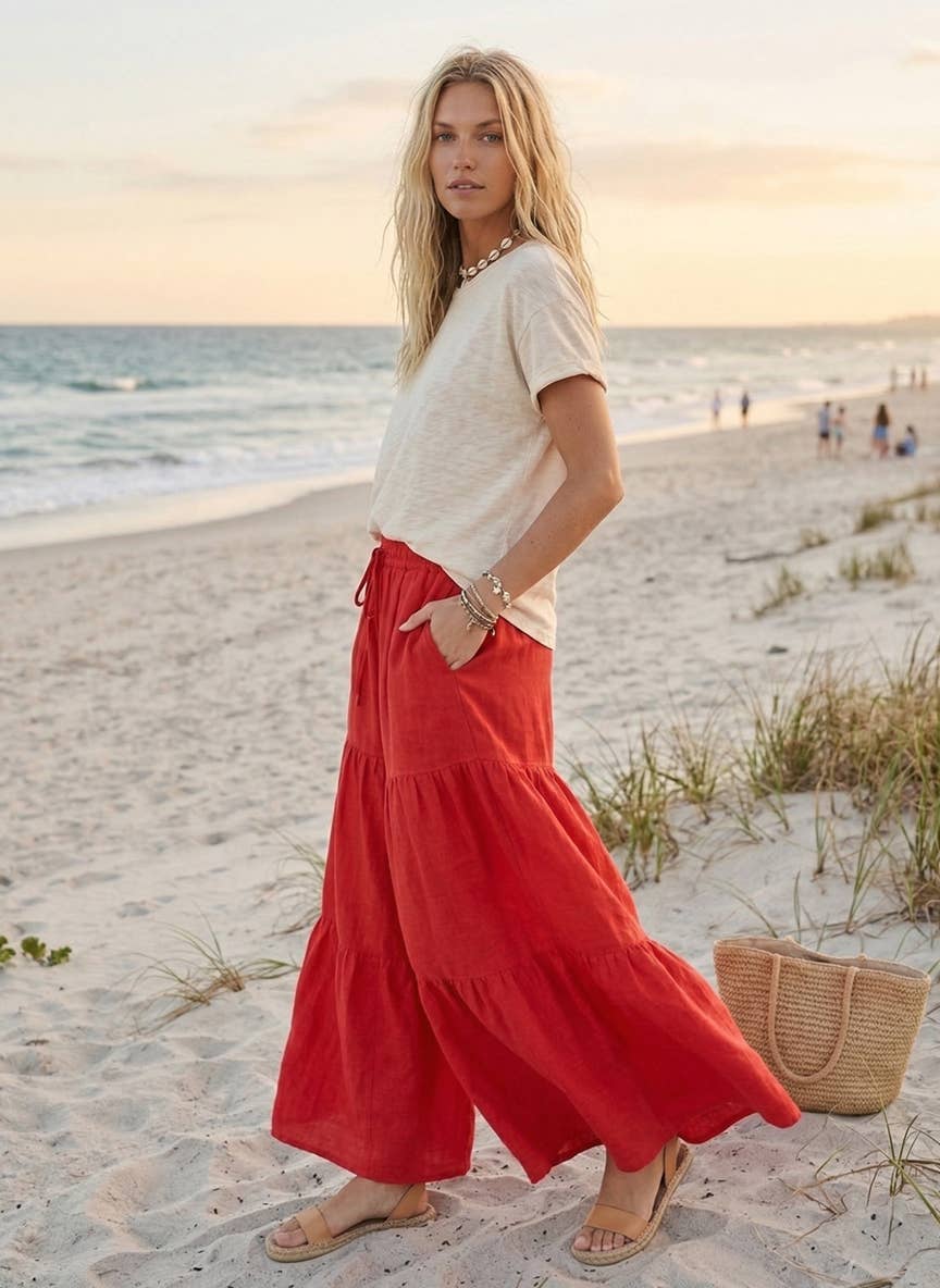 Linen Blend Tiered Wide Leg Palazzo Pants: RED / S