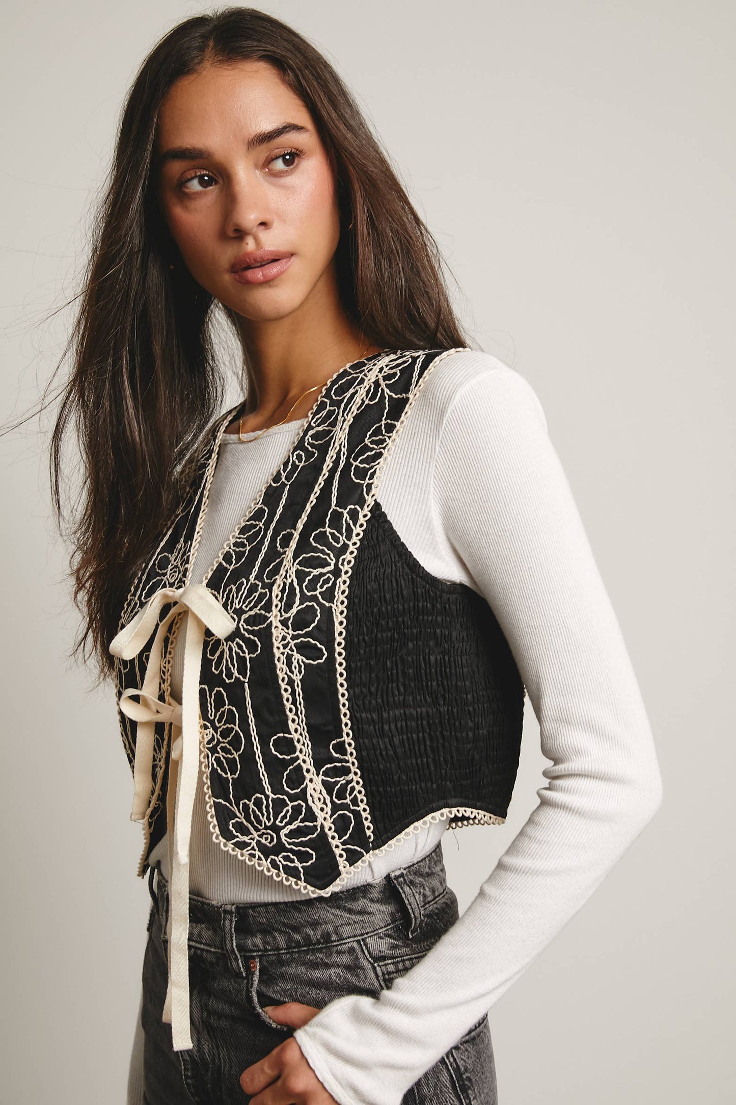 Embroidered Tie-Front Boho Vest