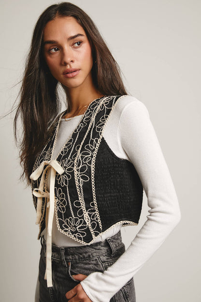 Embroidered Tie-Front Boho Vest
