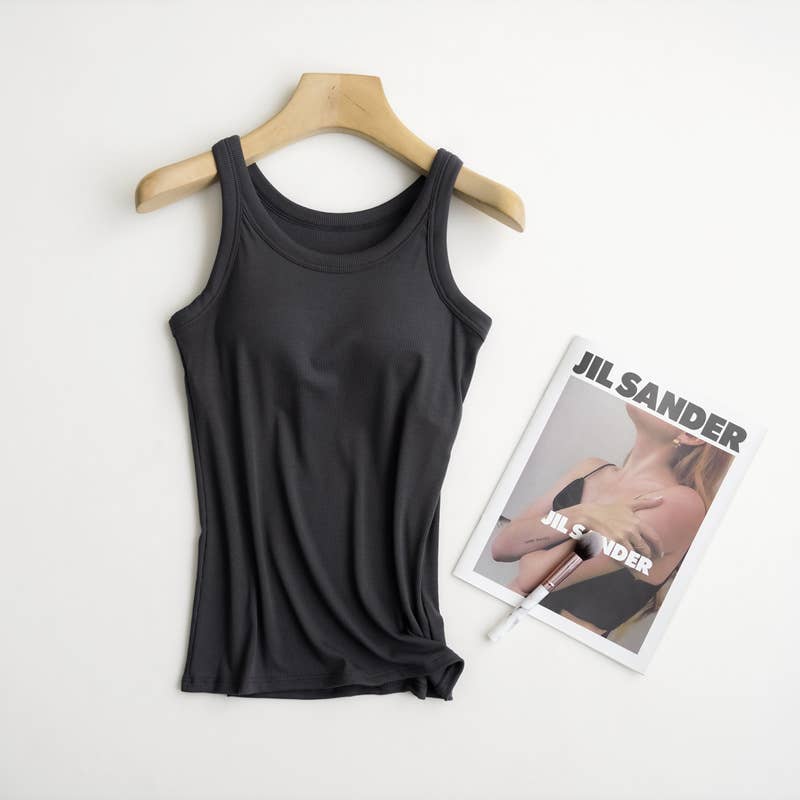 Essential Basic Rib Soft tank top w built in bra: Black / S