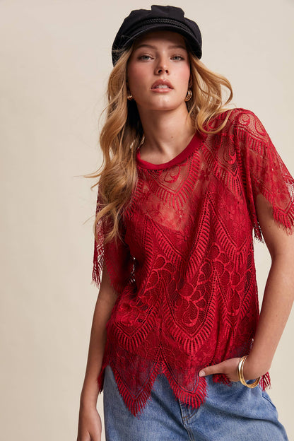 Scalloped Lace Short Sleeve Top