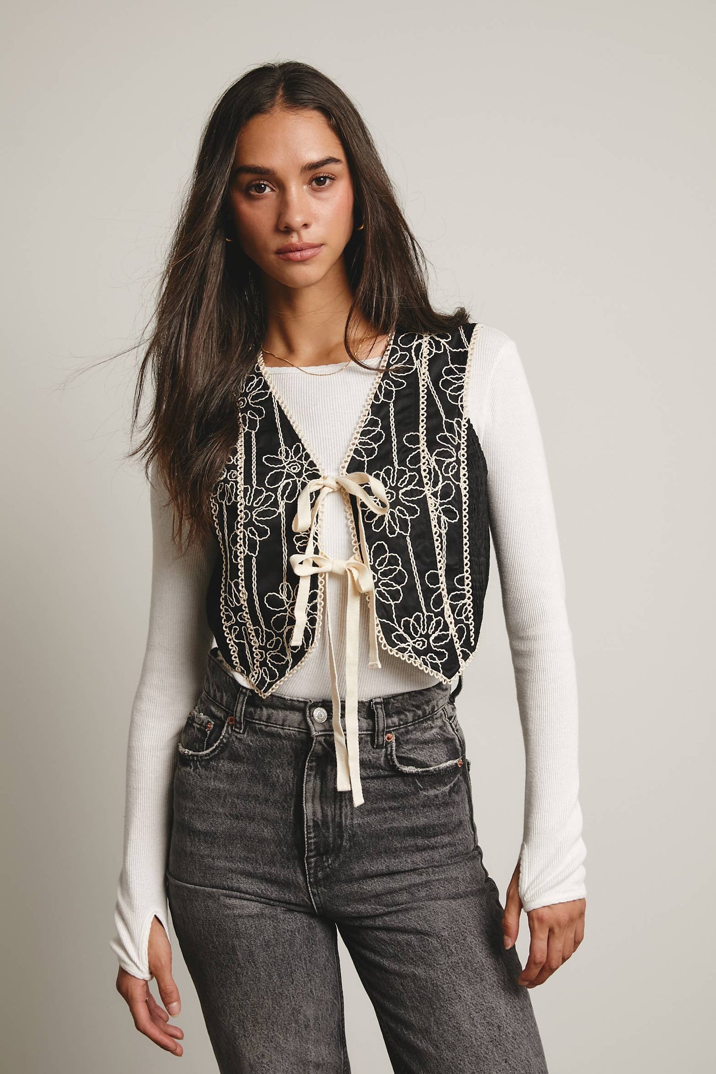 Embroidered Tie-Front Boho Vest