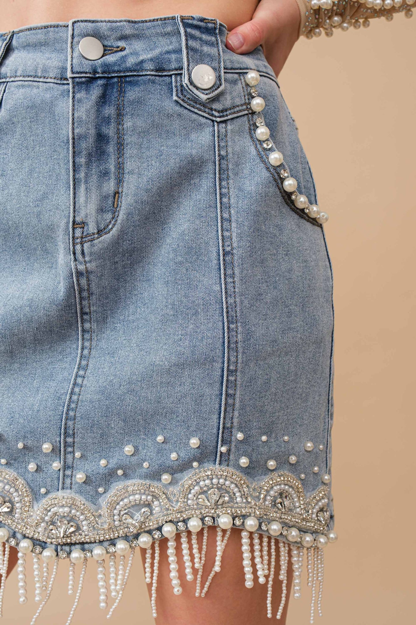 Denim Embellished Pearl Fringe Mini Skirt