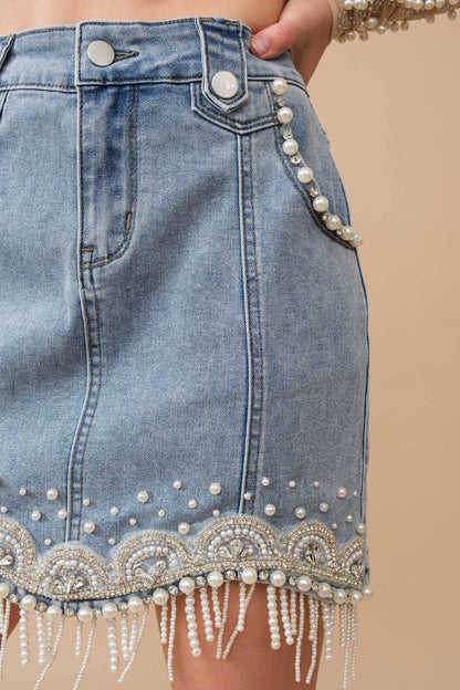 Denim Embellished Pearl Fringe Mini Skirt