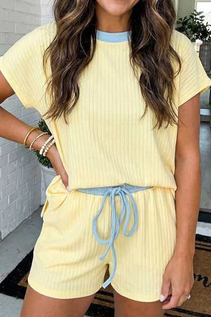 Ribbed Color Block Trim Casual Shorts Set