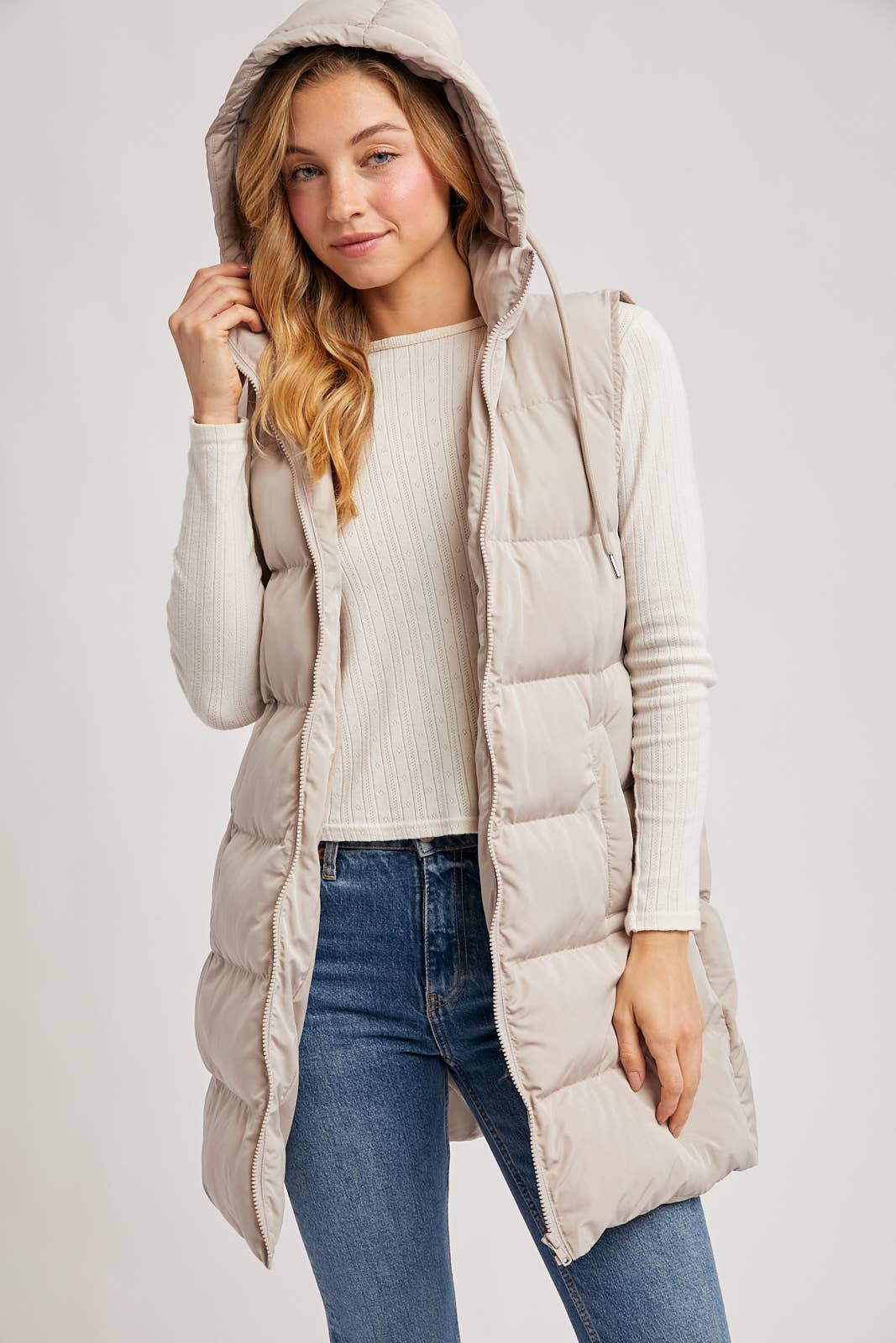 HOODED DOWN LONGLINE PUFFER VEST