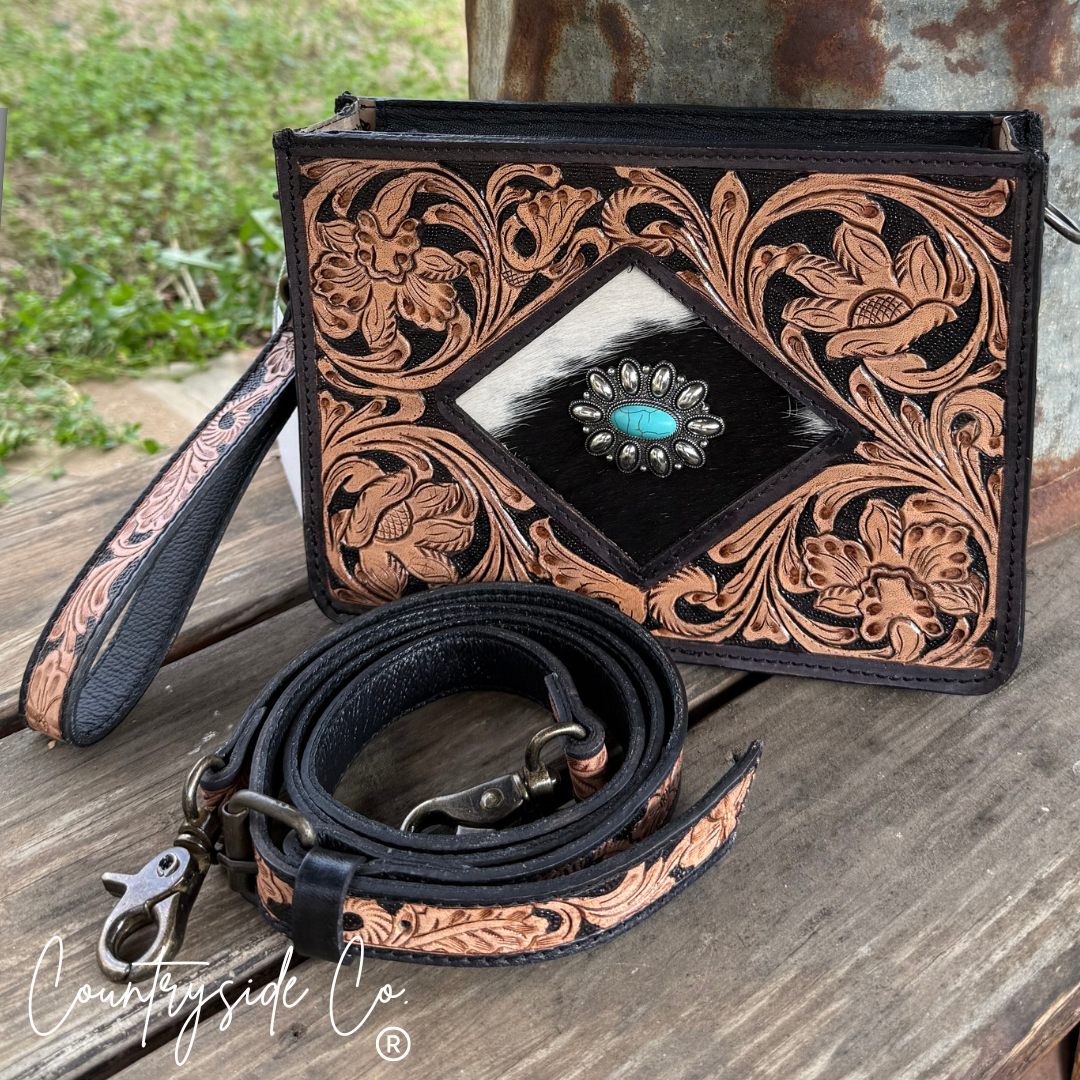 Tooled Leather Handbag & Wristlet