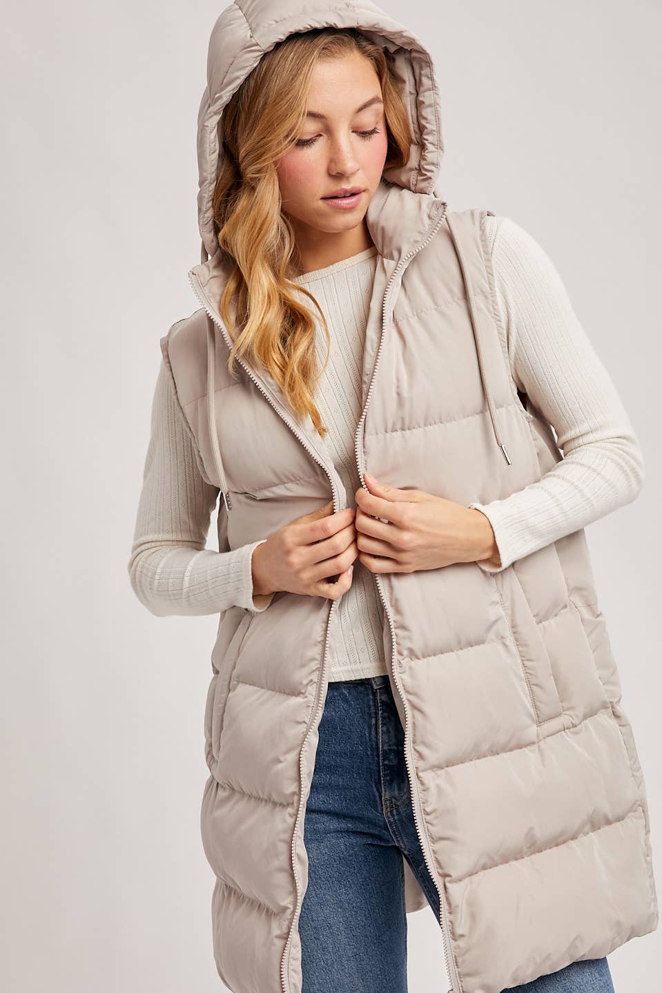 HOODED DOWN LONGLINE PUFFER VEST
