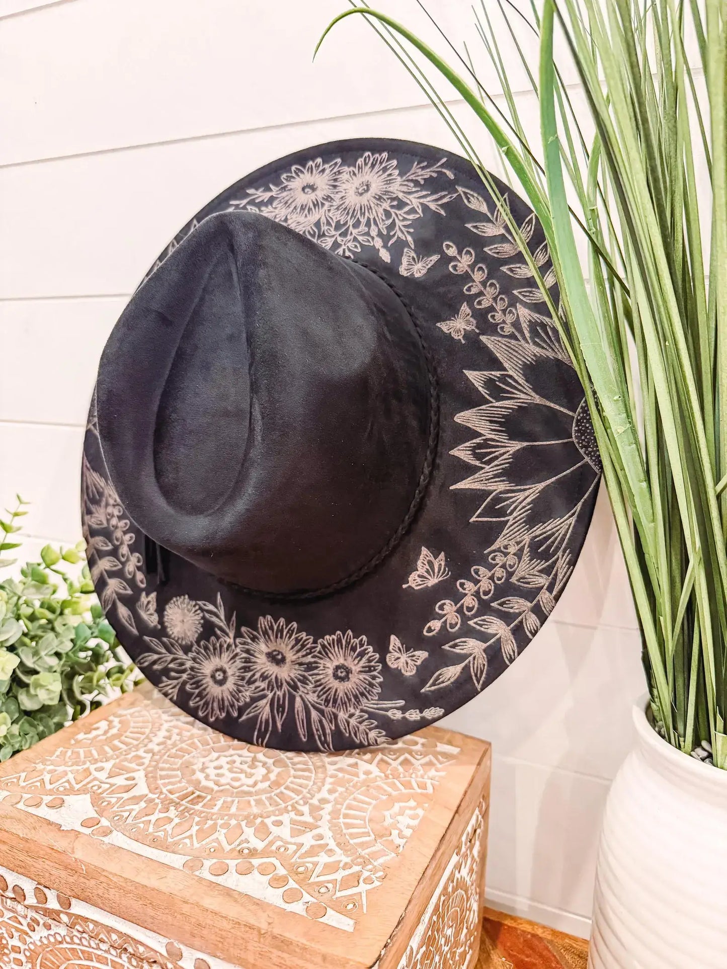 Black Burnt Floral Hat
